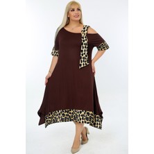 Omuz Dekolteli Tokalı Leopar Desen Likralı Asimetrik Şık Elbise