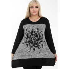 Çiçek Motifi Yuvarlak Yaka Taş Işlemeli Uzun Kol Rahat Tunik