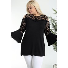 Flok Baskılı Tül Detaylı Ispanyol Kol Omuz Dekolteli Şık Bluz