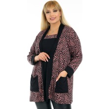 Leopar Desenli Rahat ve Dökümlü Cepli Hırka Bluz Takımı