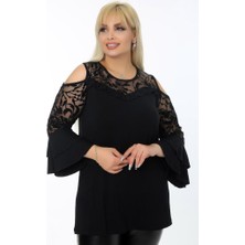 Volanlı Kol Göğsü ve Kolu Dantel Detaylı Rahat Dökümlü Tarz Tunik