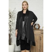 Pelerin Tarzı Deri Detaylı Esnek Rahat ve Dökümlü Hırka