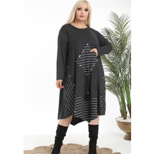 Kesim Kare Cepli Eteği Asimetrik ve Bloklu Uzun Kol Elbise