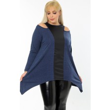 Yakası ve Önü Deri Bloklu Omuz Dekolteli Uzun Kol Asimetrik Bluz