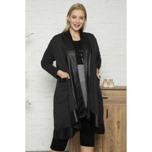 Deri Detaylı Pelerin Tarzı Esnek Dökümlü Uzun Rahat Hırka