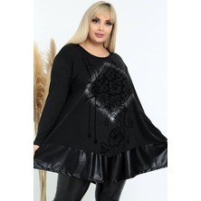 Kheos Çiçek Taş Işlemeli Eteği Derili Uzun Kol Dökümlü ve Rahat Tunik