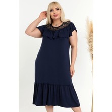 Kheos Özel Tasarım Yakası Dantel ve Fırfır Detaylı Kısa Kol Elbise