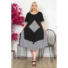 Kare Cepli Eteği Asimetrik ve Bloklu Kısa Kol Elbise