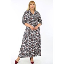 Kheos Uzun Kol Kemerli Çiçek Desenli Yırtmaçlı Gömlek Elbise