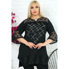 Önü Taş Baskılı Dantel Detaylı V Yaka Kısa Kol Yırtmaçlı Tunik