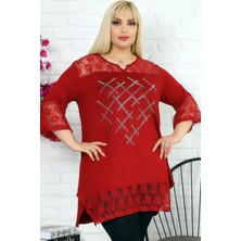 Önü Taş Baskılı Dantel Detaylı V Yaka Kısa Kol Yırtmaçlı Tunik