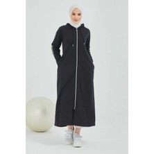 Burcu Tesettür Önden Fermarlı Kapşonlu Spor Ferace BTS0008 Siyah