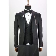 Vito Andolini Siyah Slim Fit Armürlü Yelekli Erkek Damatlık Smokin