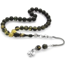 DAVİD BLACK 925 Ayar Gümüş Püsküllü Küre Kesim Bilek Boy Süzme Beyaz-Siyah Ateş Kehribar Tesbih