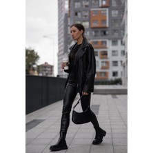 Dericlub WM19  Oversize Biker  Deri Kadın Mont