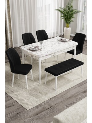 Canisa Concept Canisa Rio Serisi Bench'li Beyaz Mermer Desenli Mdf    Mutfak Masası Takımı