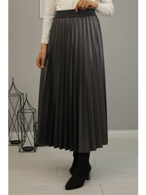 İmaj Butik Piliseli Deri Görünümlü Etek/füme