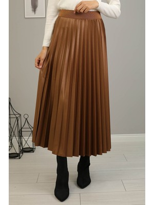 İmaj Butik Piliseli Deri Görünümlü Etek/taba