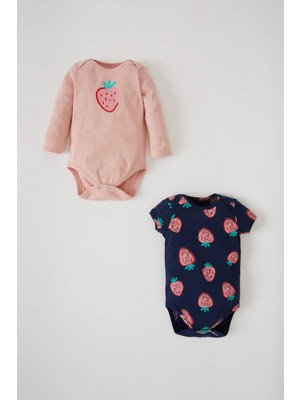 DeFacto Kız Bebek Çilek Desenli Yeni Doğan Uzun Kollu Çıtçıtlı Pamuklu 2'li  Body W2636A221WN