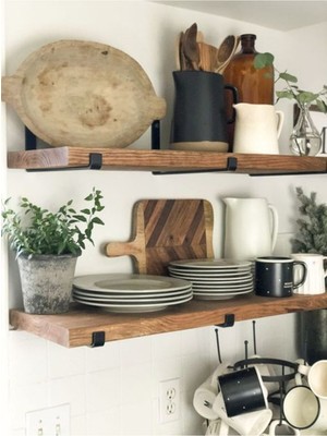 Karadeniz Dizayn Ahşap 2li Ceviz 80X20CM 40 mm - Demir Tutacaklı Raf