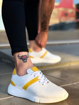 Pabucmarketi Içi Dışı Deri Beyaz Sarı Sneakers Erkek Ayakkabı