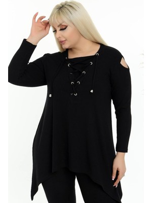 Omuz Dekolteli Göğsü Bağcıklı Uzun Kol Asimetrik Dökümlü Tunik