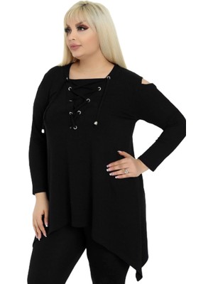 Göğsü Bağcıklı Omuz Dekolteli Uzun Kol Asimetrik Dökümlü Bluz