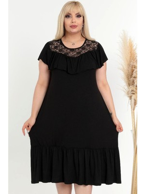 Kheos Yakası Dantel ve Fırfır Detaylı Kısa Kol Özel Tasarım Elbise