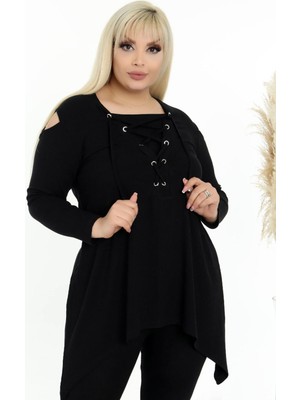 Göğsü Bağcıklı Omuz Dekolteli Uzun Kol Asimetrik Dökümlü Bluz