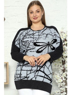 Yuvarlak Yaka Yusufçuk ve Yazı Baskılı Taş Işlemeli Uzun Kol Bluz