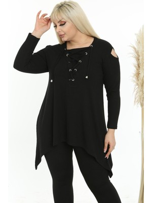 Omuz Dekolteli Göğsü Ip Bağlamalı Asimetrik Uzun Kol Esnek Tunik