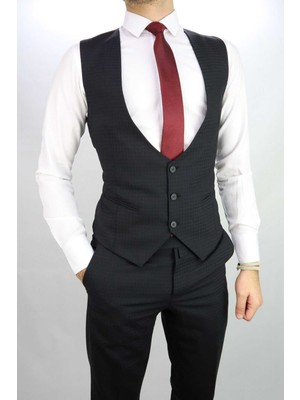 Zayfa Altınyıldız Siyah Slim Fit Yelekli Erkek Takım Elbise