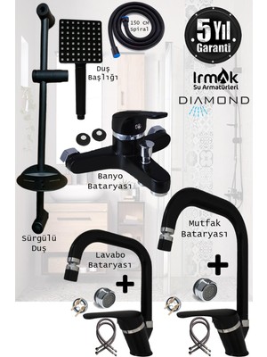 Tesitay Irmak Lavabo Banyo Mutfak Bataryası ve Diamond Sürgü Duş Siyah Banyo Seti Armatür Musluk Batarya Duş