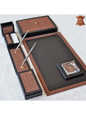 Tabac 740-1140 Woven Hakiki Deri ve Hasır Kaplama Sümen Takımı Siyah & Kahve