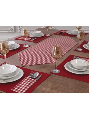 Tropik Home Amerikan Servis Kırmızı  6'lı Supla ve Runner Set ve 6 Adet Pamuklu Kırmızı Kare Sandalye Minder