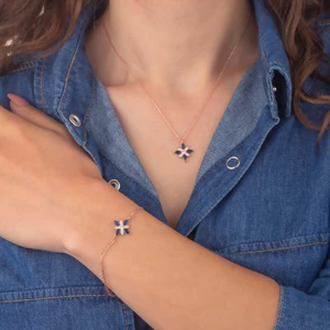 Miavi Silver 925 Ayar Gümüş Safir Taşlı Umut Çiçeği Kolye Bileklik Set