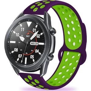 Case 4U Samsung Galaxy Watch 3 Kordon Kayış Spor Delikli Esnek Silikon KRD-02 45mm - Mor - Yeşil
