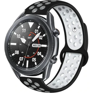 Case 4U Samsung Galaxy Watch 3 Kordon Kayış Spor Delikli Esnek Silikon KRD-02 45mm - Siyah - Beyaz