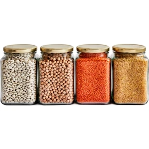 4'lü 1600 ml Köşeli Kapaklı Cam Kavanoz - Gold Kapak