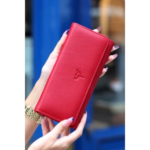 Angel Deri Cep Telefonu Bölmeli Kadın Cüzdanı Kırmızı
