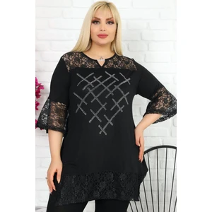 Kol ve Etek Ucu Dantelli Taş Işlemeli Yaka Taşlı Kısa Kollu Tunik