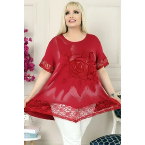 Etek ve Kol Ağzı Dantelli Flok Baskılı Gül Motifli Tunik