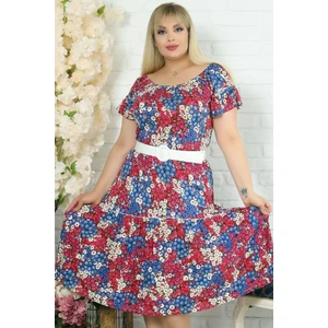 Madonna Yaka Çiçekli Kısa Kol Kemerli Rahat Özel Tasarım Elbise