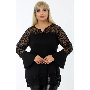 Tül Üzeri Flok Baskılı Yakası Zincir Detaylı Uzun Kollu Bluz