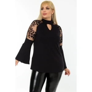 Göğüs Dekolteli Flok Baskılı Tül Detaylı Kolu Volanlı Bluz