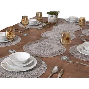 Tropik Home Runner Takımı 6 Kişilik Venezia Gri Amerikan Servis Runner ve Supla Seti 7 Parça Nakışlı Çeyiz Seti