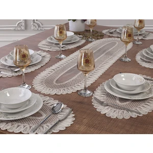 Tropik Home Amerikan Servis Supla ve Runner Seti 6 Kişilik Nakışlı Vivien Kırık Beyaz 7 Parça Masa Sunum Takımı