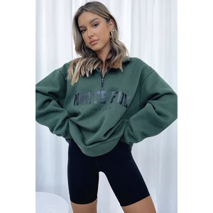 Haki Fermuar Detaylı Baskılı Sweatshirt Mg1246