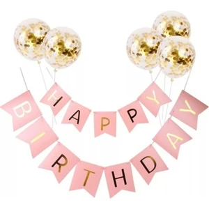 Bal10 Dünyası Happy Bırthday Pembe Varaklı Banner Yazı Konfetili Şeffaf Balon Seti