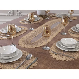 Tropik Home Amerikan Servis Supla ve Runner Seti 8 Kişilik Set Nakışlı  Vivien Bej 9 Parça Masa Sunum Takımı